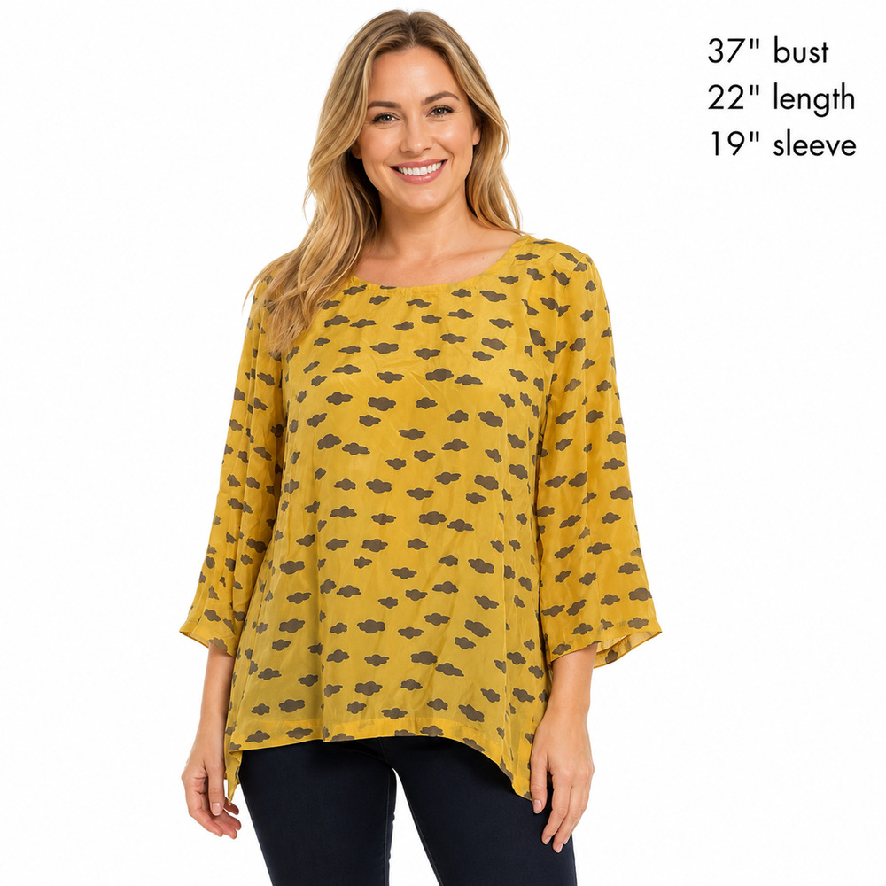Maeve Anthropologie Womens 100% Silk Butter Yellow Print Top Shirt 3/4 Sleeve S